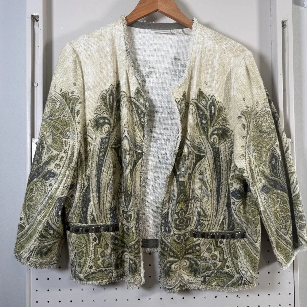 Chico's Paisley Open Front Jacket Women's Green Cream Embellished Frayed 2 Large